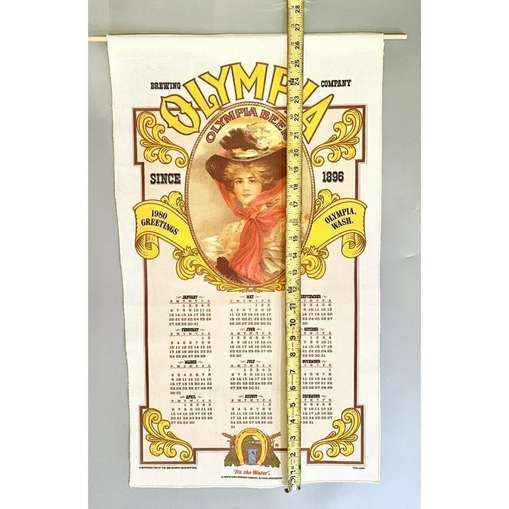 Vintage Olympia Beer Calendar 1980 Banner 1909 Olympia Calendar Girl 26.5x15.5”